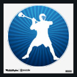 Lacrosse Player Wall Sticker<br><div class="desc">Lacrosse Shooter. Cool lacrosse wall decoration. Locked, cocked and ready to rock. Silhouette of lacrosse player holding stick, in the midst of firing a shot on goal. Circular emblem design in blues with emanating rays. Lacrosse player wall decal.</div>