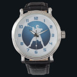 Lacrosse Player Watch<br><div class="desc">Lacrosse player watch. Lacrosse Shooter. Locked, cocked and ready to rock. Silhouette of lacrosse player holding stick, in the midst of firing a shot on goal. Circular emblem design in blues with emanating rays.</div>