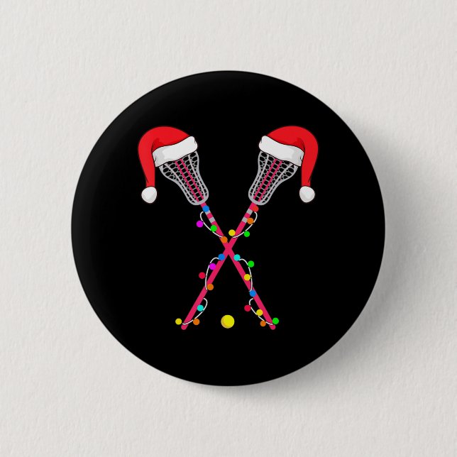 Lacrosse Santa Hat Christmas Lights Fun Sport Xmas Button (Front)