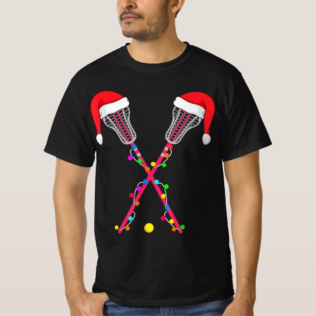 Lacrosse Santa Hat Christmas Lights Fun Sport Xmas T-Shirt (Front)