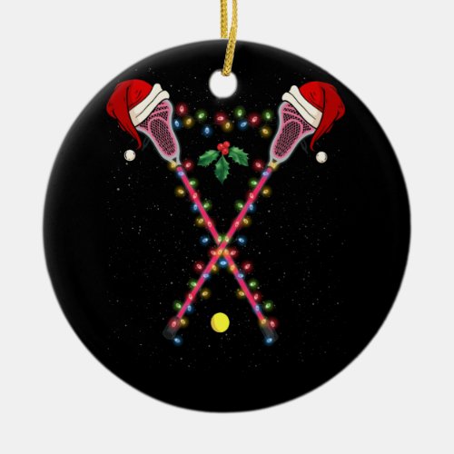 Lacrosse Santa Hat Christmas Lights Sport Ceramic Ornament