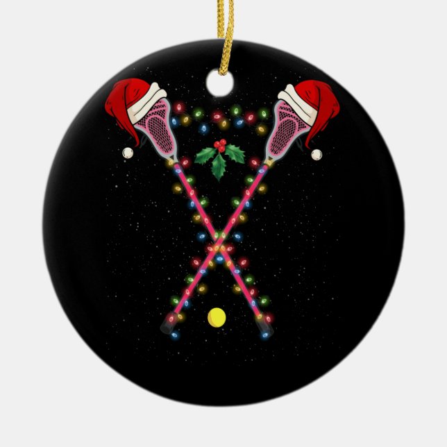 Lacrosse Santa Hat Christmas Lights Sport Ceramic Ornament (Front)