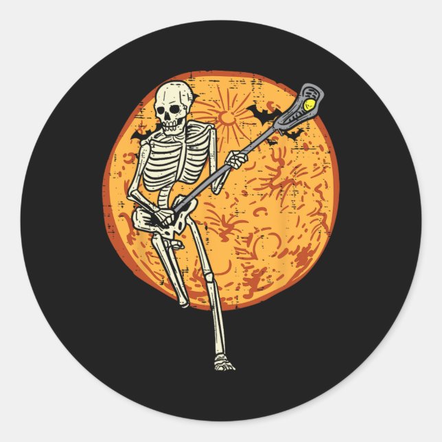Lacrosse Skeleton Full Moon Sports Halloween Men W Classic Round Sticker (Front)