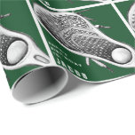 Lacrosse Sports Birthday Gift Wrapping Paper<br><div class="desc">Unique lacrosse birthday gift wrap featuring lax stick design and happy birthday line on green background. To personalize edit text to add name of player,  coach,  or team sports fan.</div>
