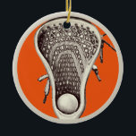 Lacrosse Sports Collectible Ceramic Ornament<br><div class="desc">Lacrosse keepsake holiday gift or team player keepsake award featuring a lax stick and ball illustration on an orange background. Edit text to add player's name and year.</div>