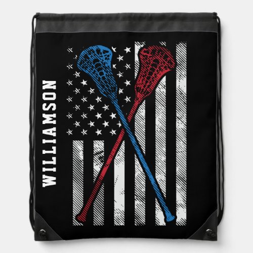 Lacrosse Sports Personalized Lax USA Flag Name Drawstring Bag