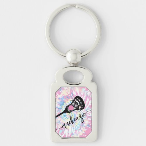 Lacrosse Stick Girly Pink Silver Metal Keychain