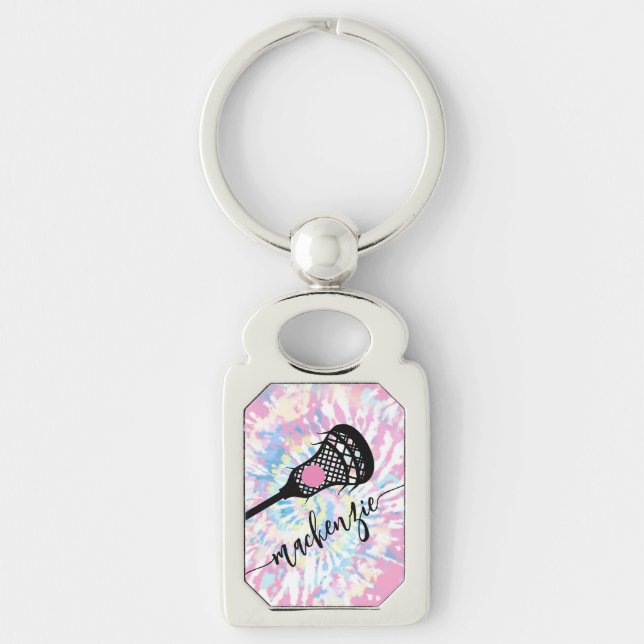 Lacrosse Stick Girly Pink Silver Metal Keychain (Front)