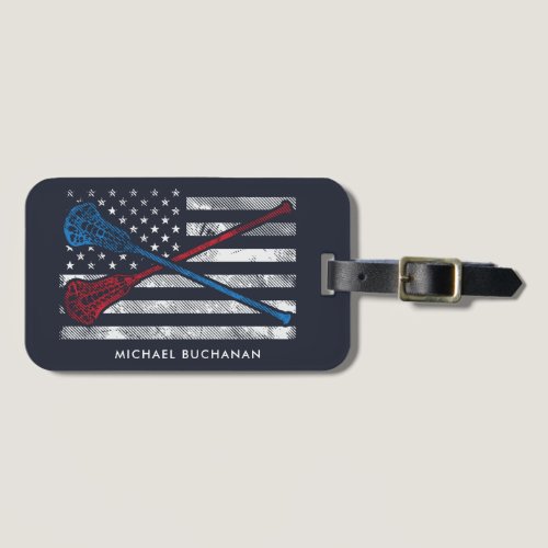 Lacrosse Stick Motif Vintage USA Flag Personalized Luggage Tag