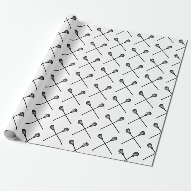 Lacrosse Sticks Balls Sports Black White kids fun Wrapping Paper (Unrolled)