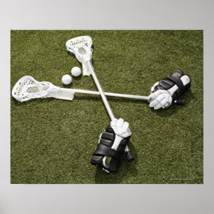 Lacrosse sticks, gloves and balls on artificial poster