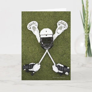 Lacrosse sticks, gloves, balls and sports helmet card