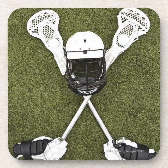 Lacrosse sticks, gloves, balls and sports helmet drink coaster (Front)