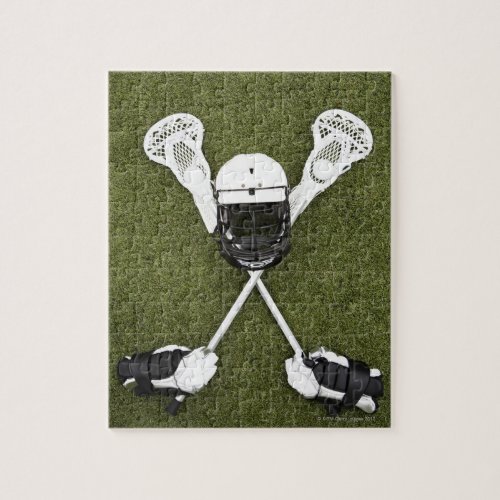 Lacrosse sticks gloves balls and sports helmet jigsaw puzzle