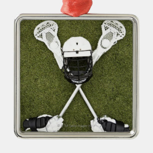Lacrosse sticks, gloves, balls and sports helmet metal ornament