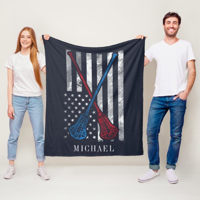 Lacrosse Sticks Patriot Flag Personalized Fleece Blanket (In Situ)