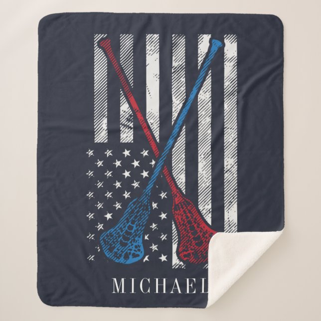 Lacrosse Sticks Vintage Flag Personalized Sherpa Blanket (Front)