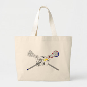 Lacrosse sticks with helmet large tote bag