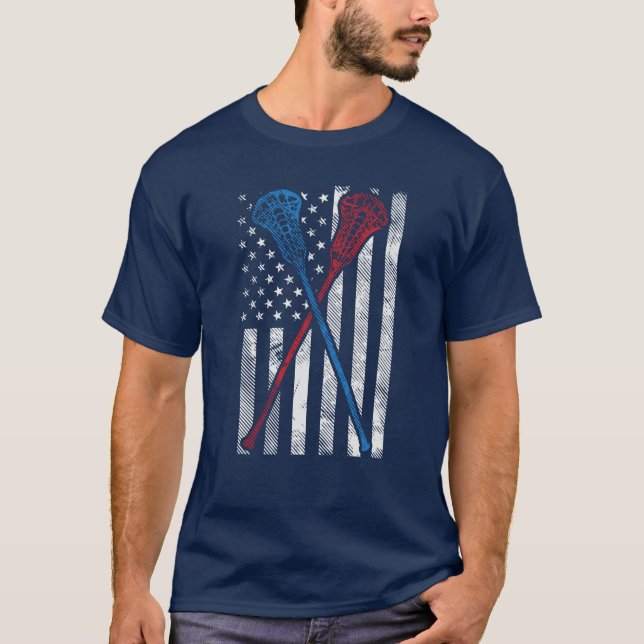 Lacrosse Team Personalized USA Flag and Bats Name T-Shirt (Front)