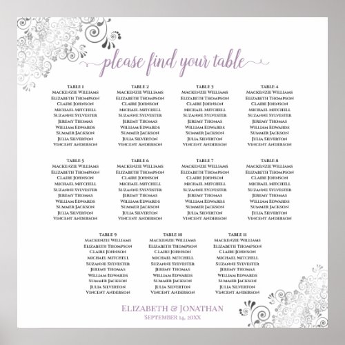 Lacy 11 Table Wedding Seating Chart Lavender White