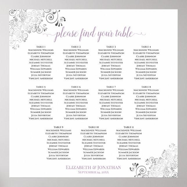 Lacy 11 Table Wedding Seating Chart Lavender White (Front)