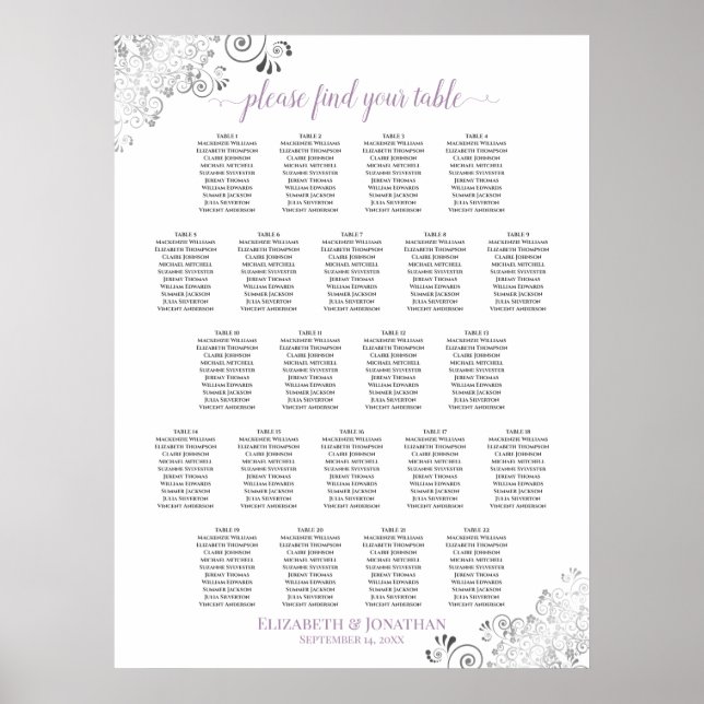 Lacy 22 Table Wedding Seating Chart White Lavender (Front)