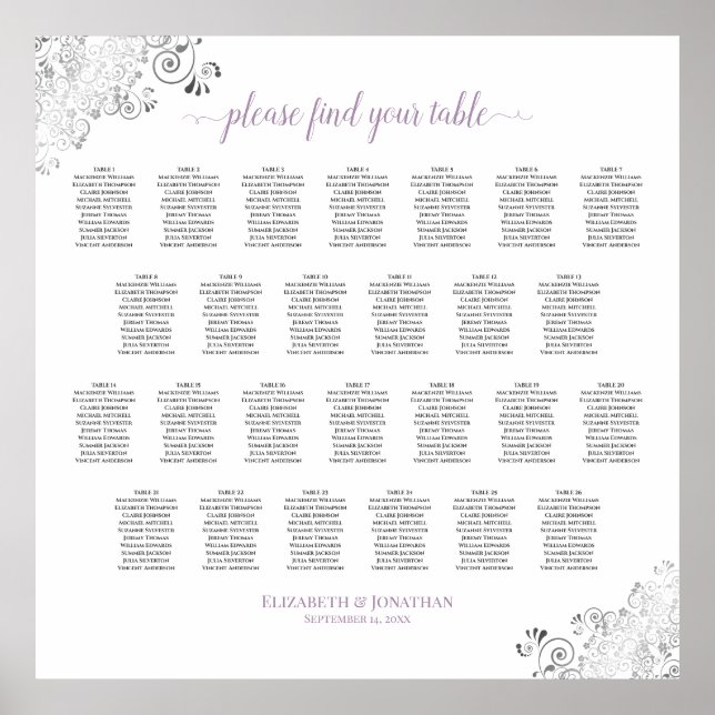 Lacy 26 Table Wedding Seating Chart White Lavender (Front)