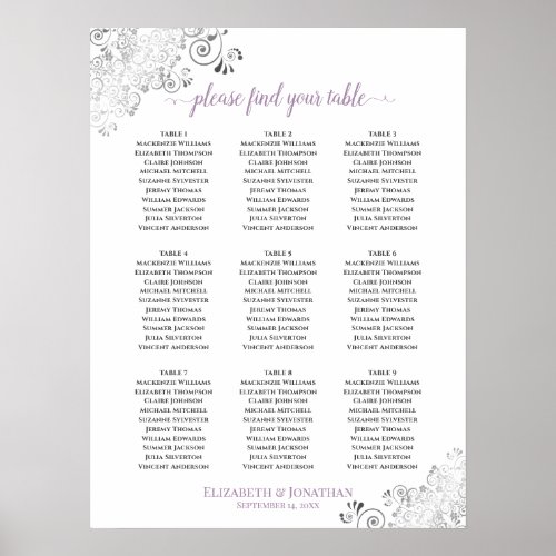 Lacy 9 Table Wedding Seating Chart White Lavender