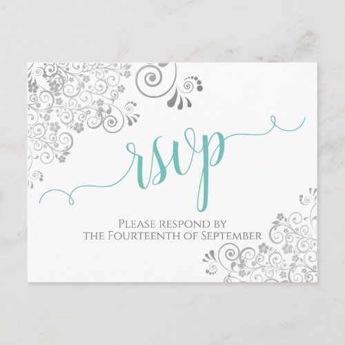 Lacy Aqua Calligraphy on White Wedding RSVP Postcard