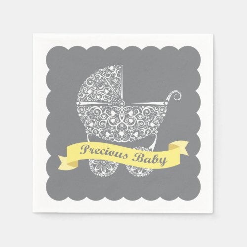 Lacy Baby Carriage Napkin Yellow  Gray