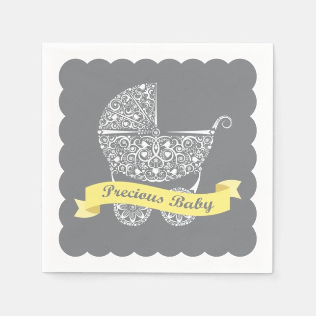 Lacy Baby Carriage Napkin Yellow & Gray (Front)
