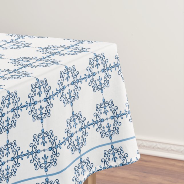 Lacy birds pattern in blue and white tablecloth (In Situ)