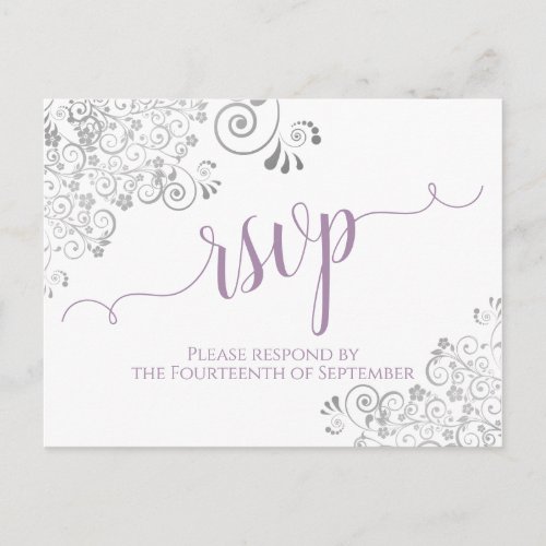 Lacy Calligraphy Lavender on White Wedding RSVP Postcard