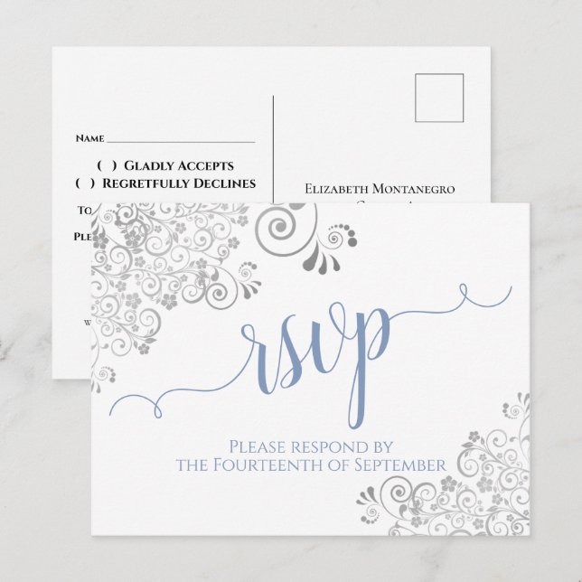 Lacy Calligraphy Light Blue on White Wedding RSVP Postcard (Front/Back)