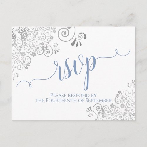 Lacy Calligraphy Light Blue on White Wedding RSVP Postcard