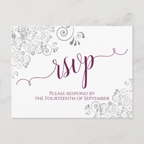 Lacy Calligraphy Magenta  White Wedding RSVP Postcard