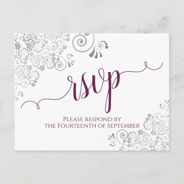 Lacy Calligraphy Magenta & White Wedding RSVP Postcard (Front)