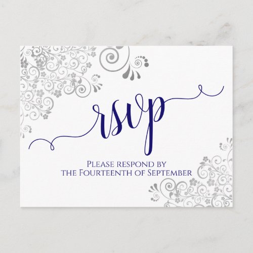 Lacy Calligraphy Navy Blue on White Wedding RSVP Postcard