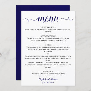 Lacy Calligraphy Navy Blue & White Wedding Menu