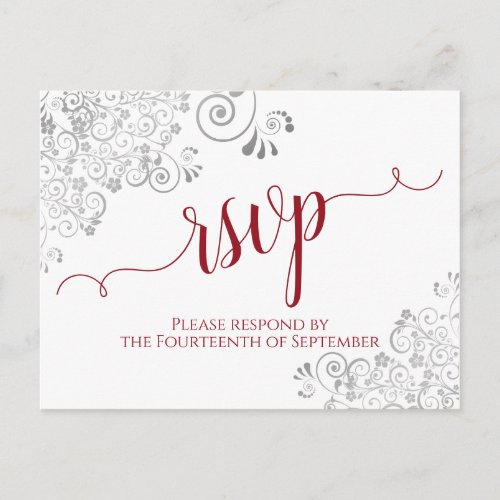 Lacy Calligraphy Red  White Wedding RSVP Postcard