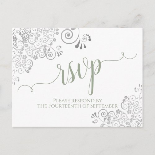 Lacy Calligraphy Sage Green White Wedding RSVP Postcard