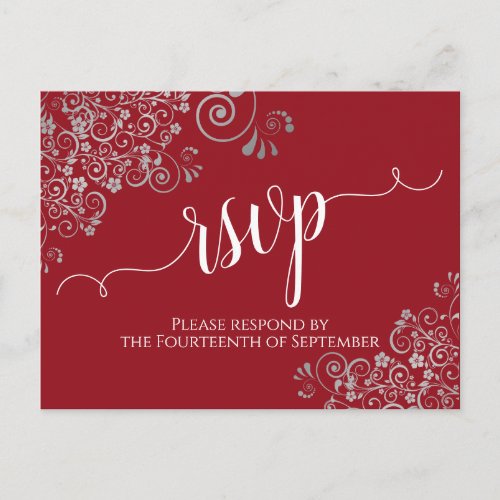 Lacy Calligraphy  Silver Frills Red Wedding RSVP Postcard