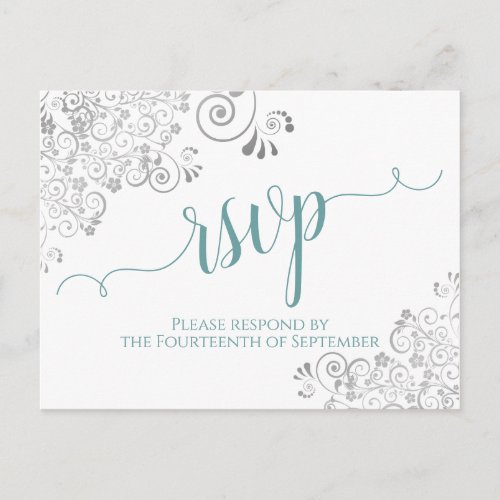 Lacy Calligraphy Teal  White Wedding RSVP Postcard