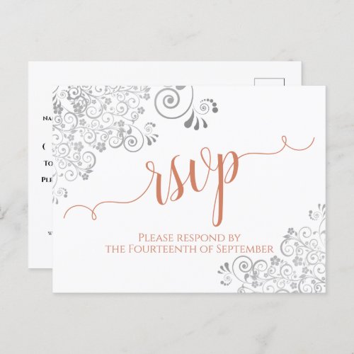 Lacy Calligraphy Terracotta on White Wedding RSVP Postcard