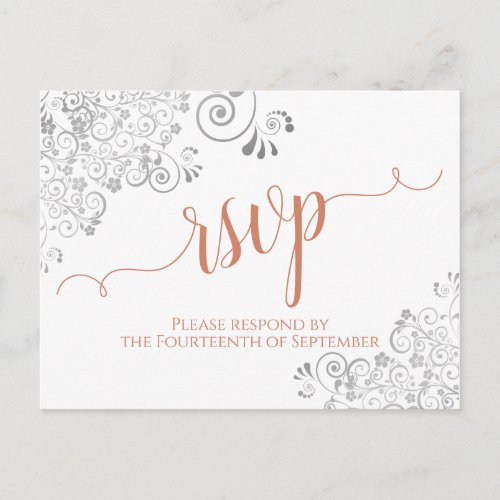 Lacy Calligraphy Terracotta on White Wedding RSVP Postcard