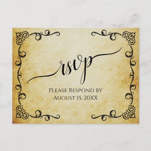 Lacy Calligraphy Vintage Parchment Wedding RSVP Postcard