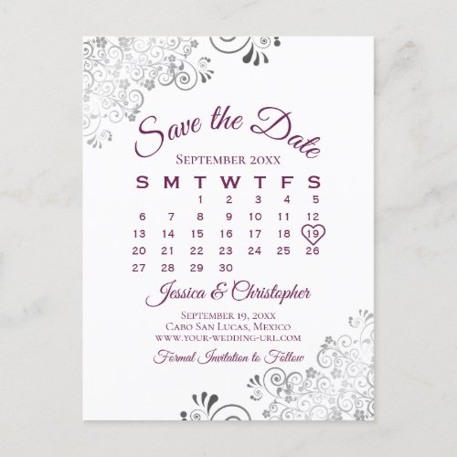 Lacy Cassis Purple Wedding Save the Date Calendar Announcement Postcard