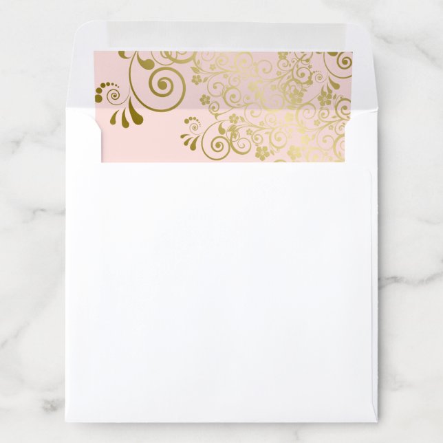 Lacy Curls Gold on Blush Pink Wedding Square Envelope Liner (In Envelope)