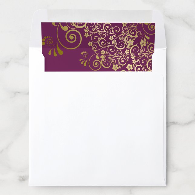 Lacy Curls Gold on Cassis Purple Wedding Square Envelope Liner (In Envelope)