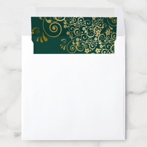 Lacy Curls Gold on Emerald Green Wedding Square Envelope Liner